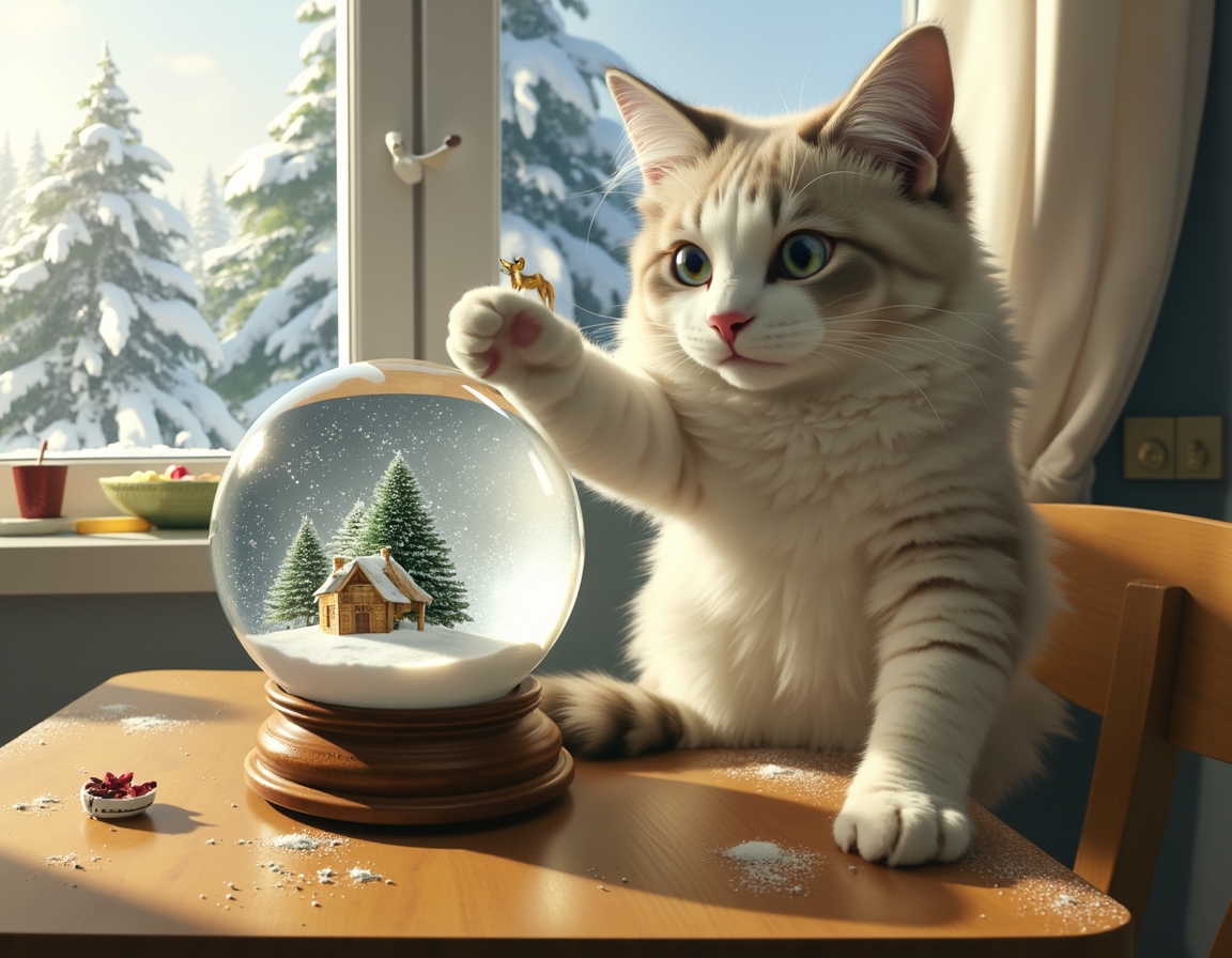 Playful cat bats at a snow globe on a table, mesmerized by the swirling snowflakes inside. The globe features a miniature Christmas village, while a snowy landscape is visible through the window in the background, enhancing the festive atmosphere.